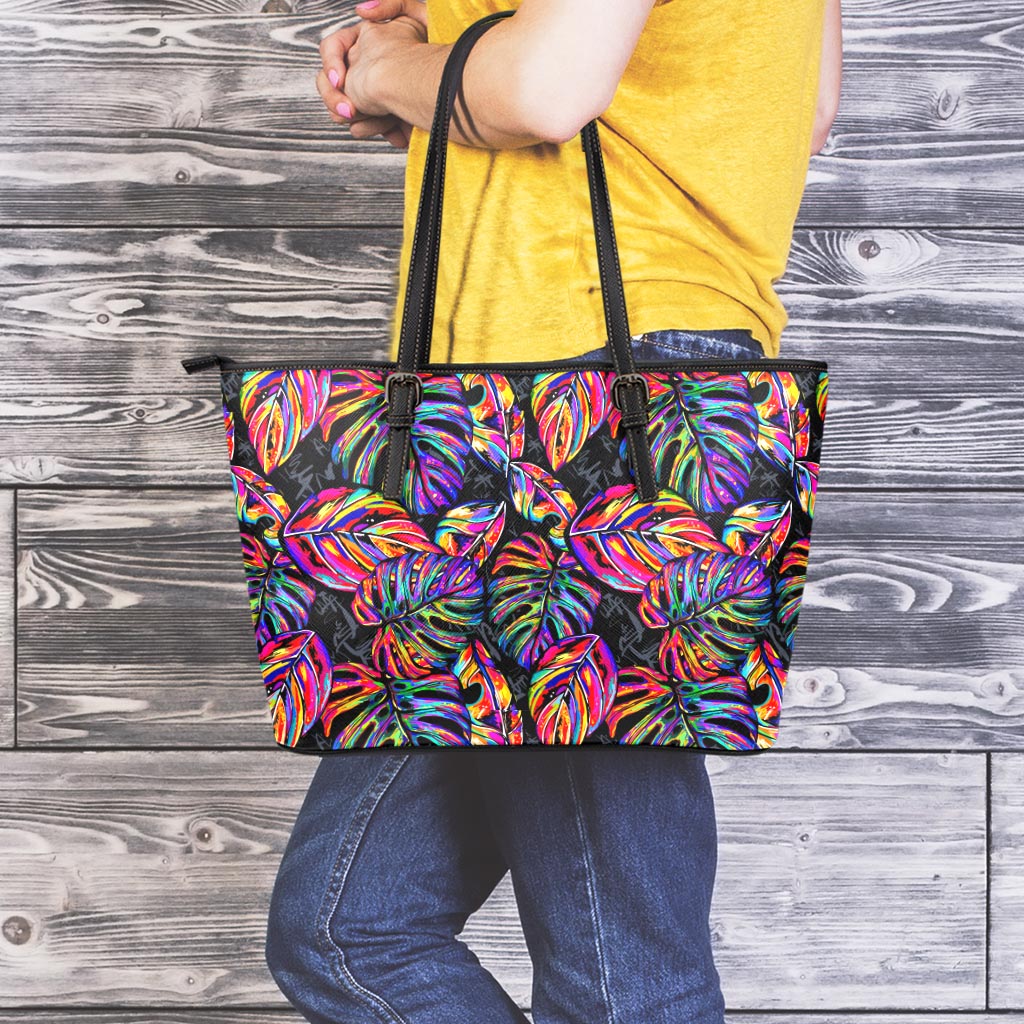 Colorful Leaf Tropical Pattern Print Leather Tote Bag