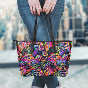 Colorful Leaf Tropical Pattern Print Leather Tote Bag