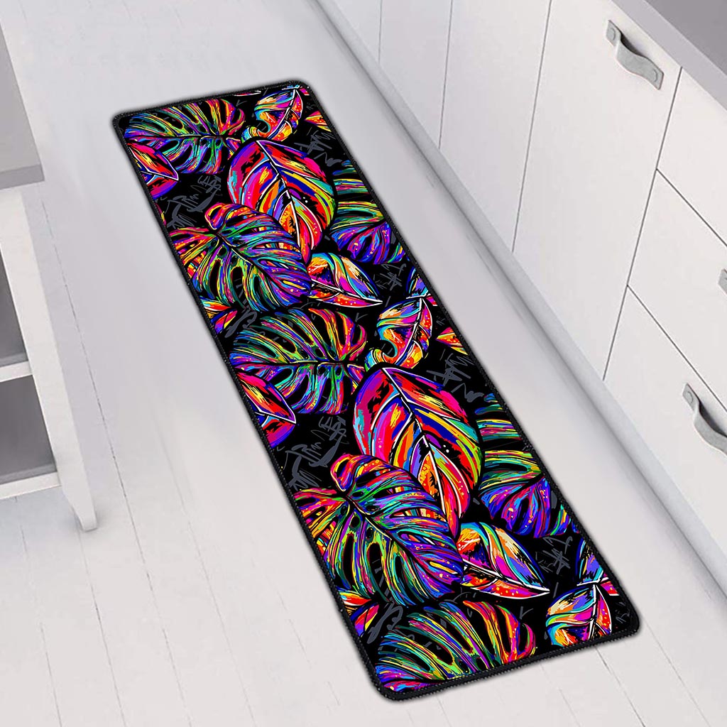 Colorful Leaf Tropical Pattern Print Long Kitchen Mat