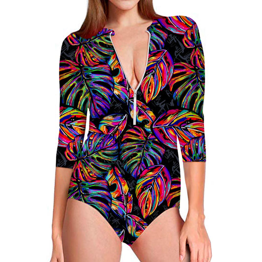 Colorful Leaf Tropical Pattern Print Long Sleeve Swimsuit