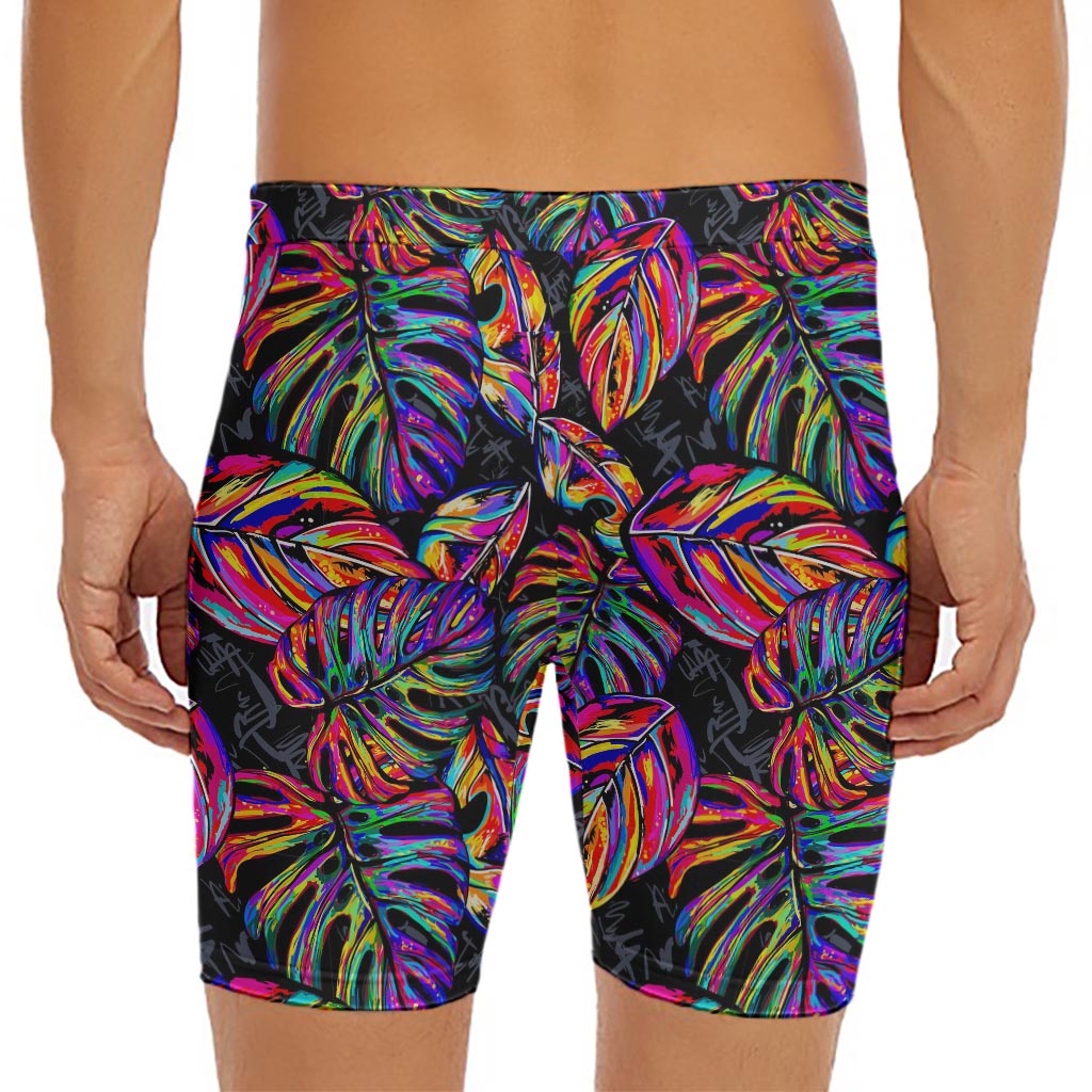 Colorful Leaf Tropical Pattern Print Men's Long Boxer Briefs