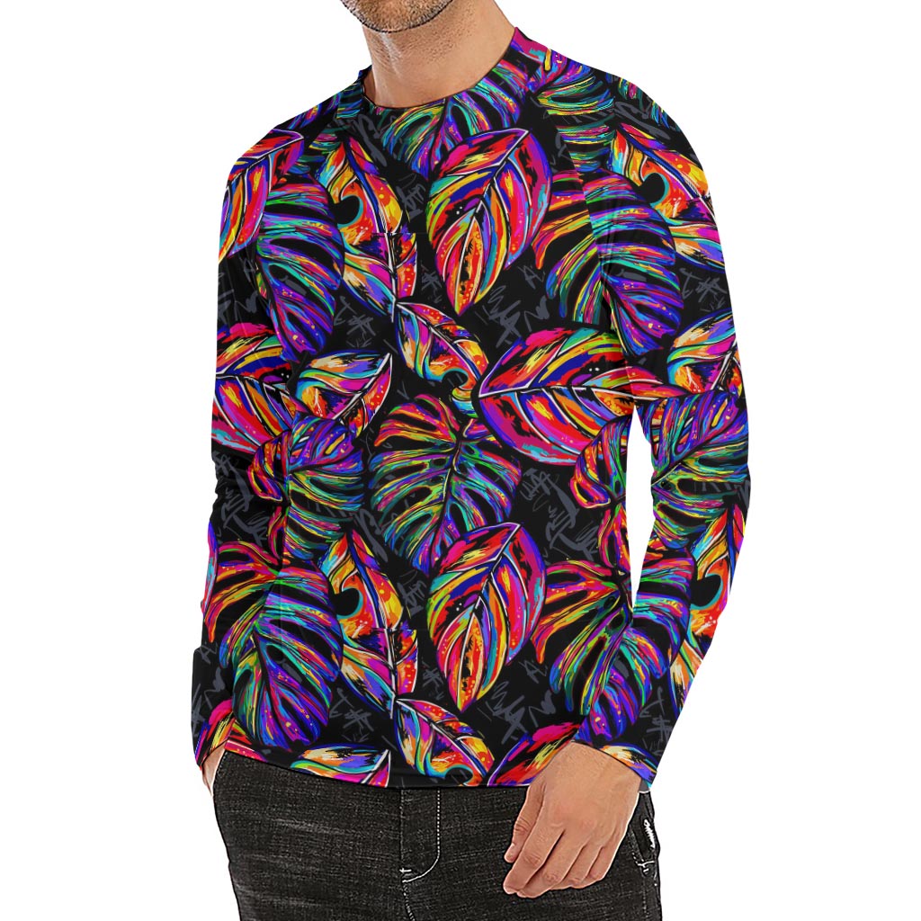 Colorful Leaf Tropical Pattern Print Men's Long Sleeve Rash Guard