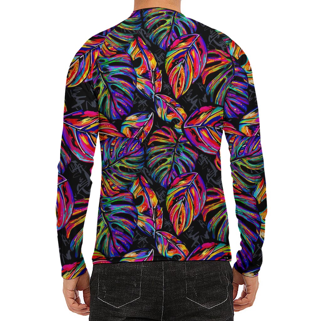 Colorful Leaf Tropical Pattern Print Men's Long Sleeve Rash Guard