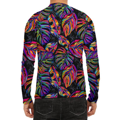 Colorful Leaf Tropical Pattern Print Men's Long Sleeve Rash Guard