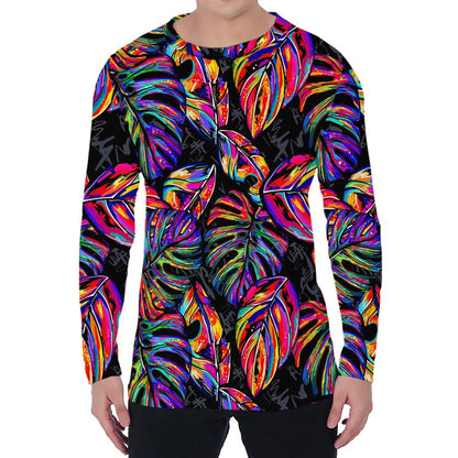 Colorful Leaf Tropical Pattern Print Men's Long Sleeve T-Shirt