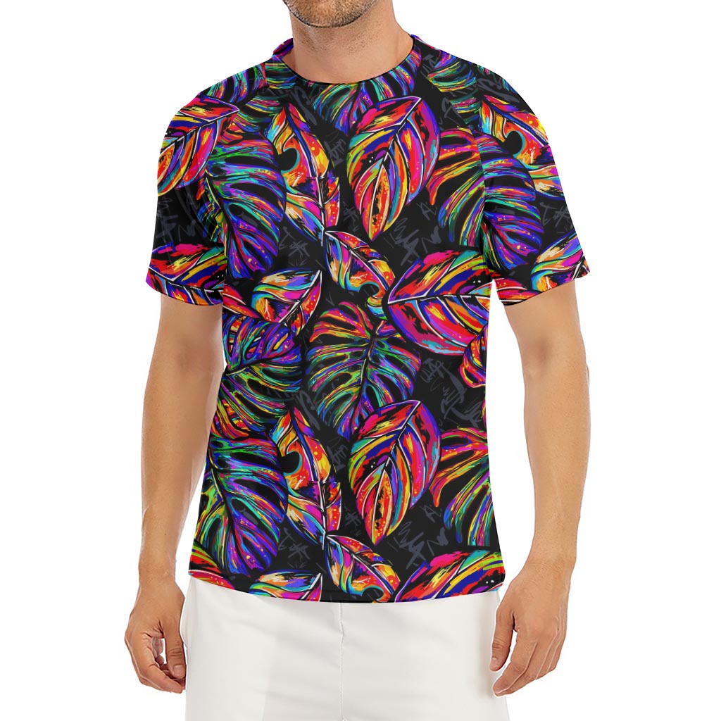 Colorful Leaf Tropical Pattern Print Men's Short Sleeve Rash Guard