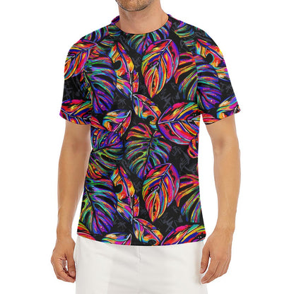 Colorful Leaf Tropical Pattern Print Men's Short Sleeve Rash Guard