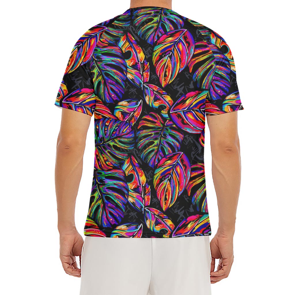 Colorful Leaf Tropical Pattern Print Men's Short Sleeve Rash Guard