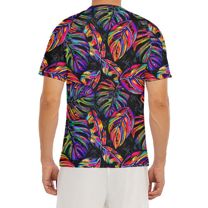 Colorful Leaf Tropical Pattern Print Men's Short Sleeve Rash Guard