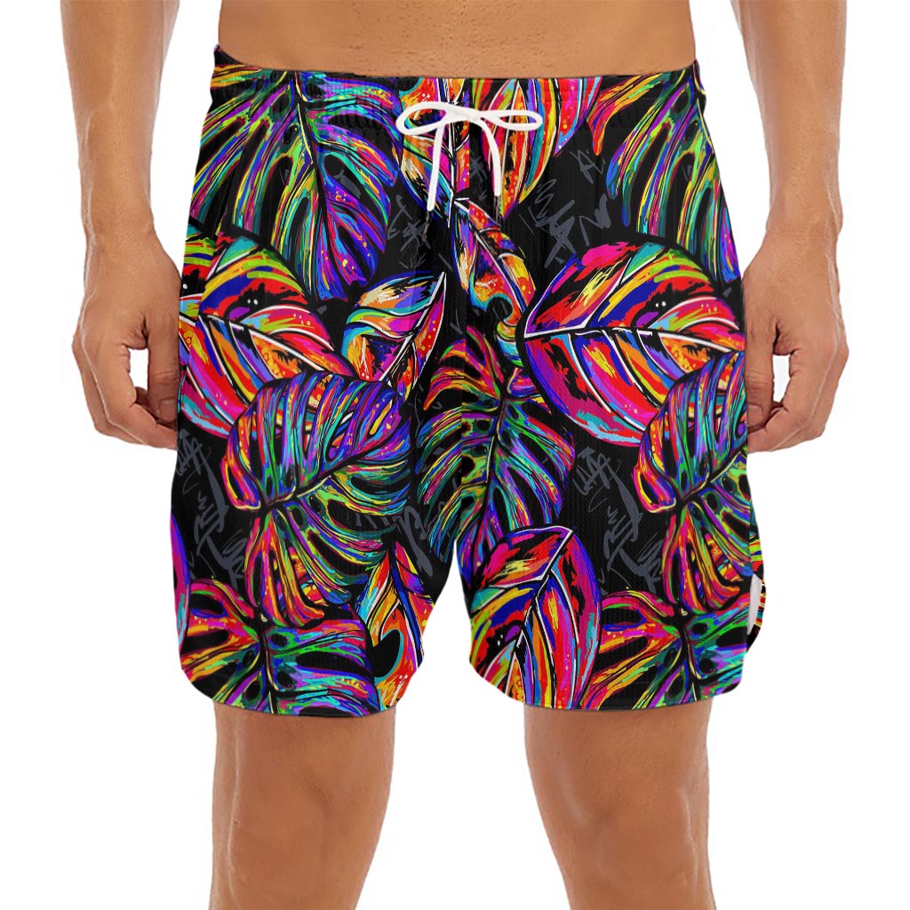 Colorful Leaf Tropical Pattern Print Men's Split Running Shorts
