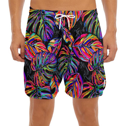 Colorful Leaf Tropical Pattern Print Men's Split Running Shorts