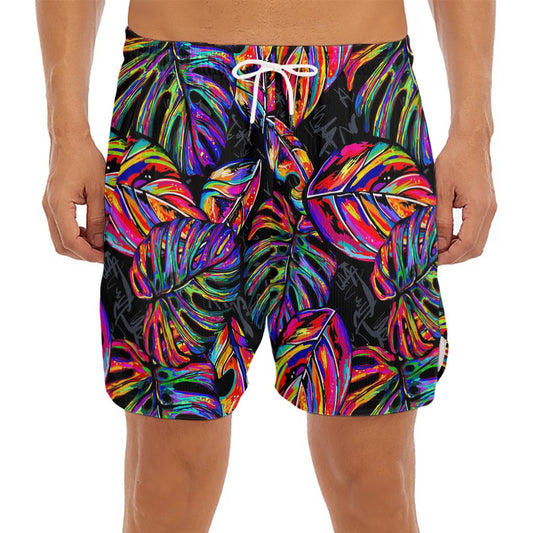 Colorful Leaf Tropical Pattern Print Men's Split Running Shorts