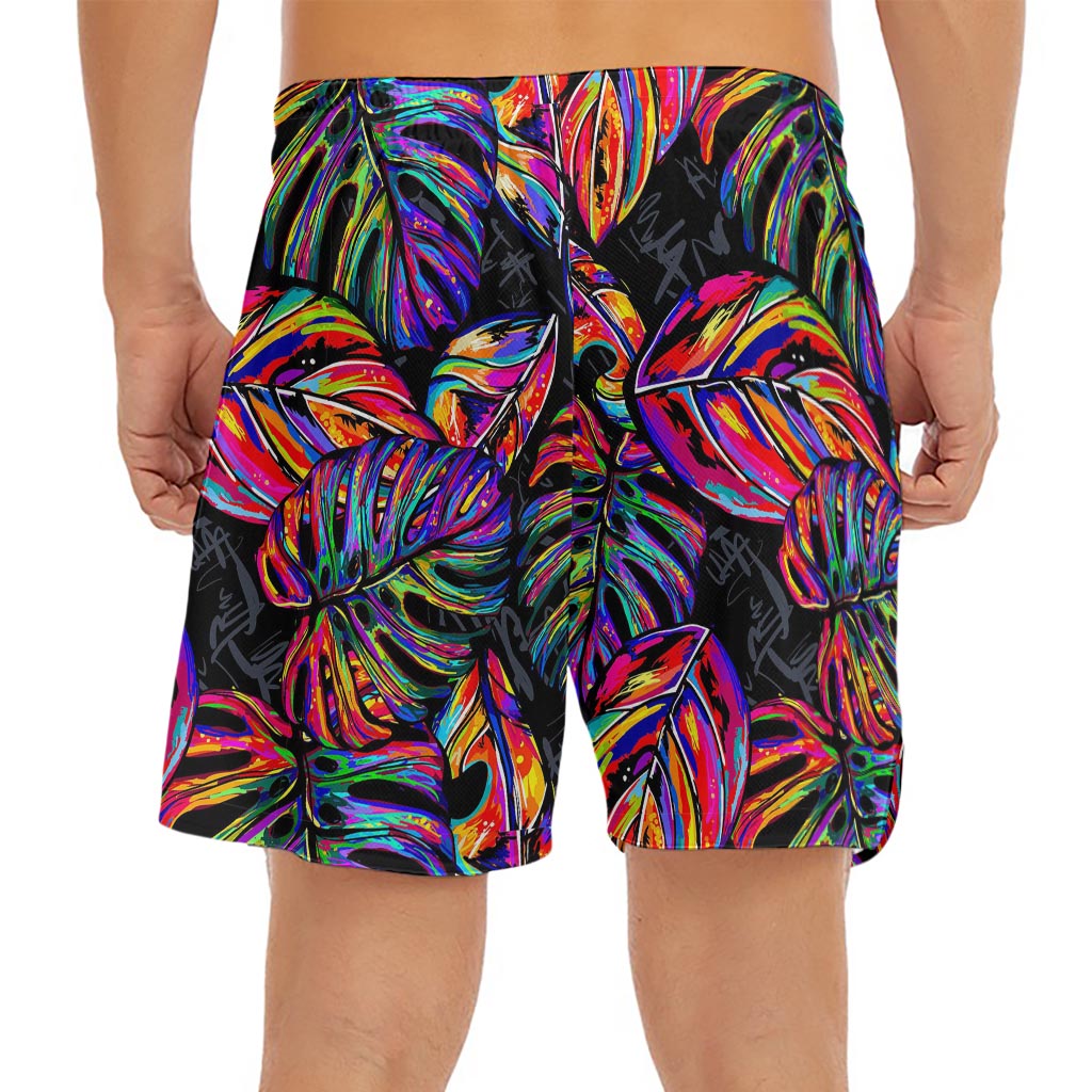 Colorful Leaf Tropical Pattern Print Men's Split Running Shorts