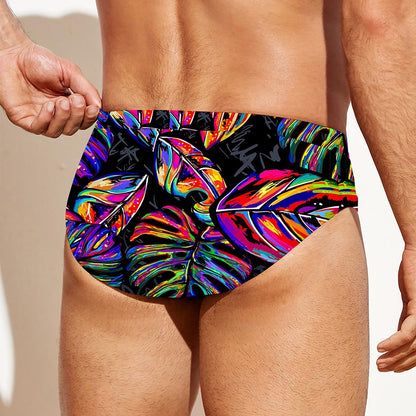 Colorful Leaf Tropical Pattern Print Men's Swim Briefs