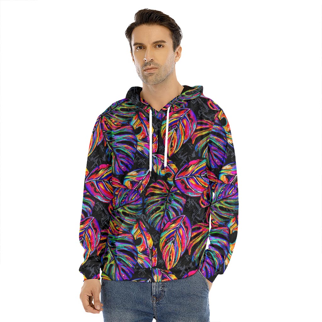 Colorful Leaf Tropical Pattern Print Men's Velvet Pullover Hoodie