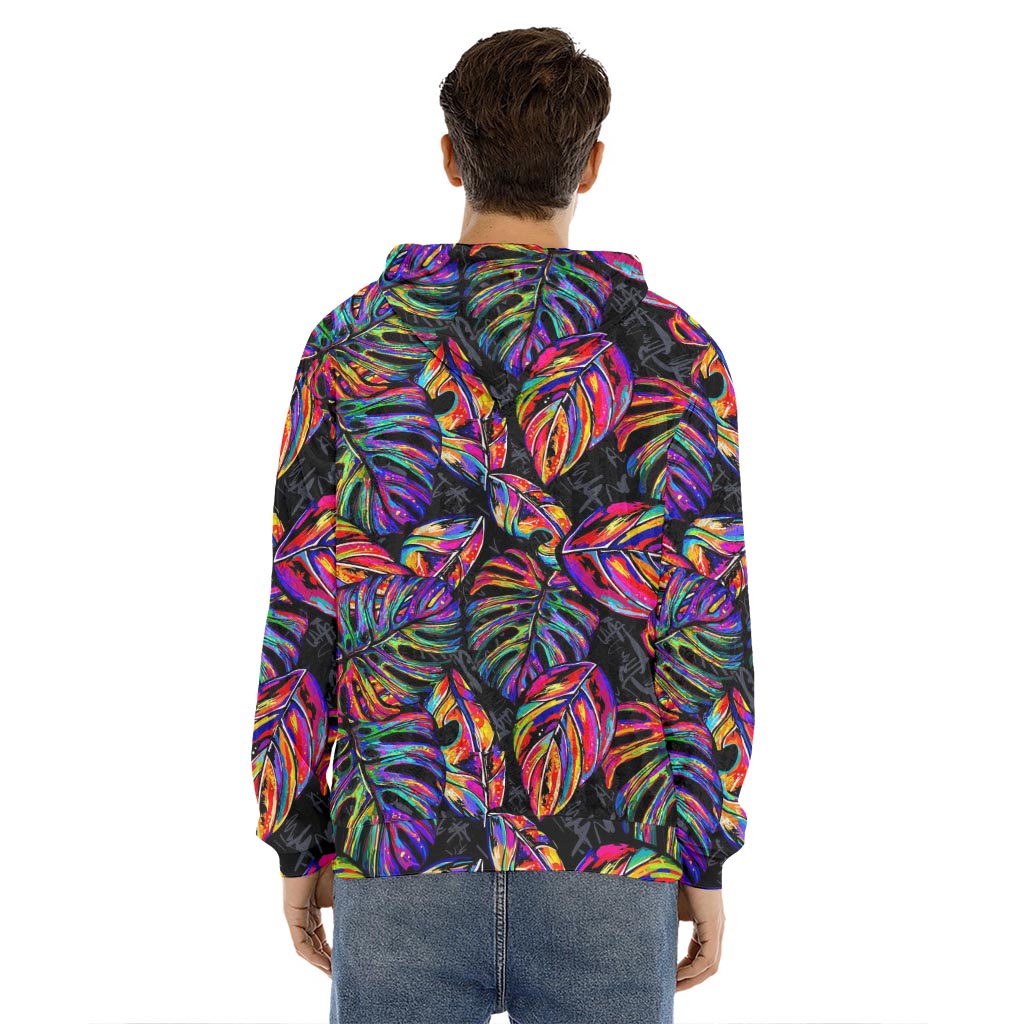 Colorful Leaf Tropical Pattern Print Men's Velvet Pullover Hoodie