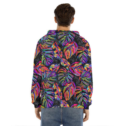 Colorful Leaf Tropical Pattern Print Men's Velvet Pullover Hoodie