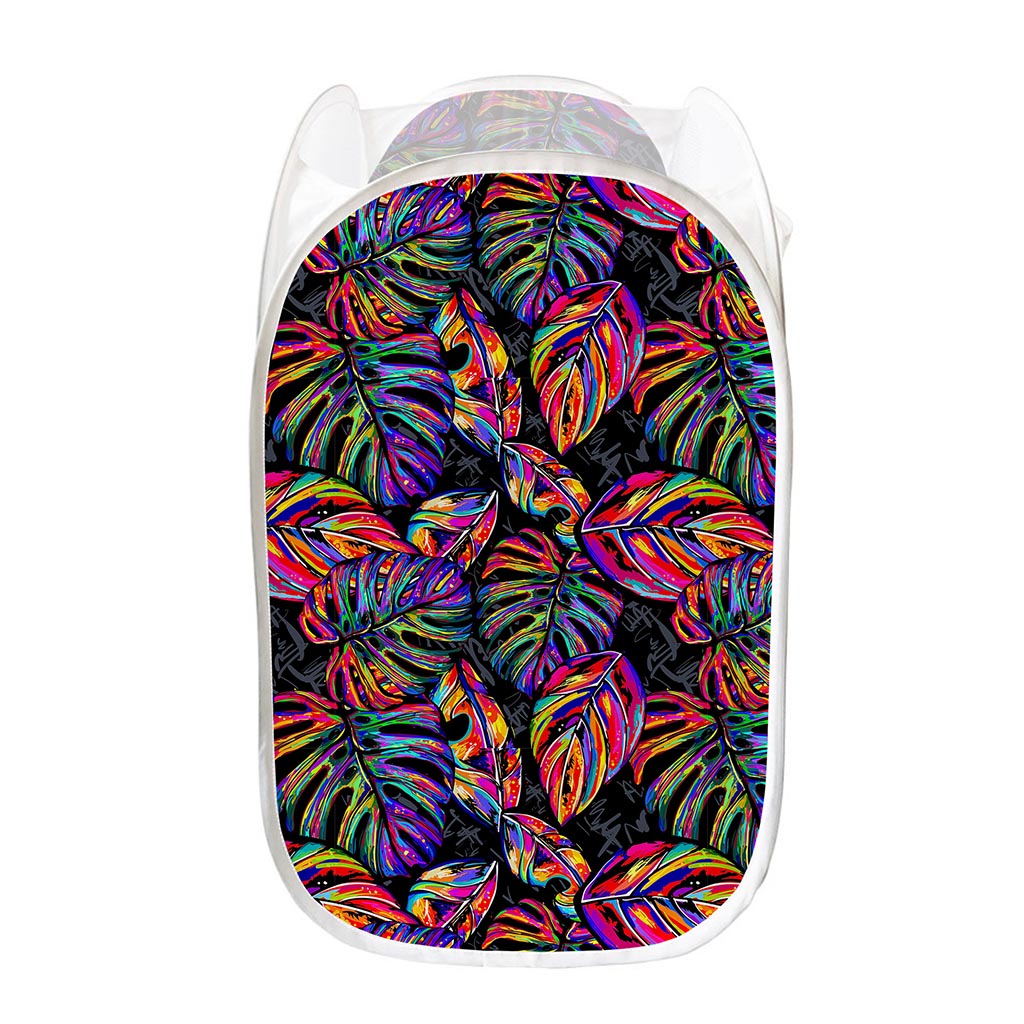 Colorful Leaf Tropical Pattern Print Mesh Laundry Hamper