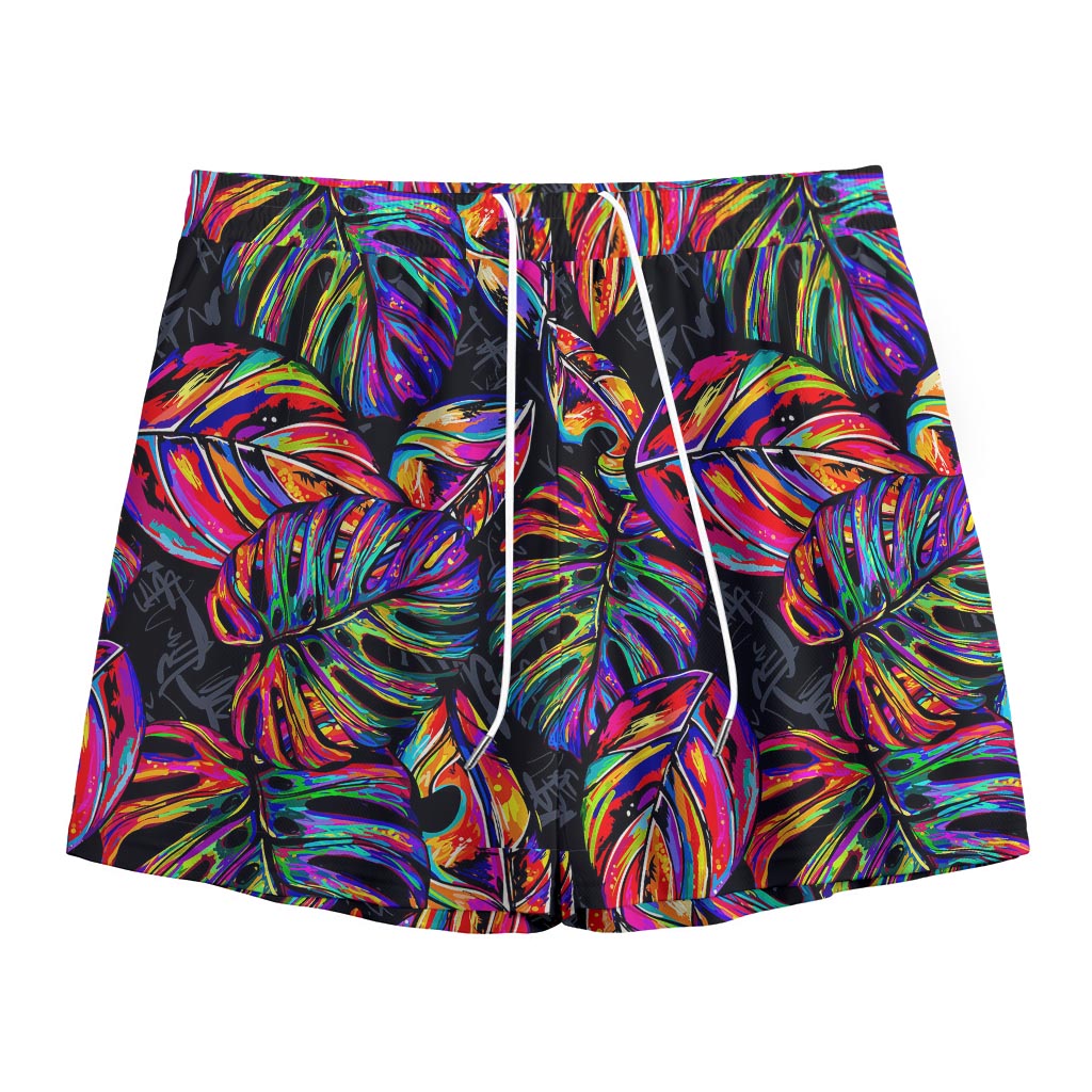Colorful Leaf Tropical Pattern Print Mesh Shorts