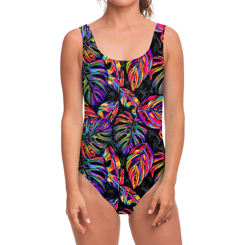 Colorful Leaf Tropical Pattern Print One Piece Swimsuit