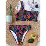 Colorful Leaf Tropical Pattern Print One Shoulder Bikini Top