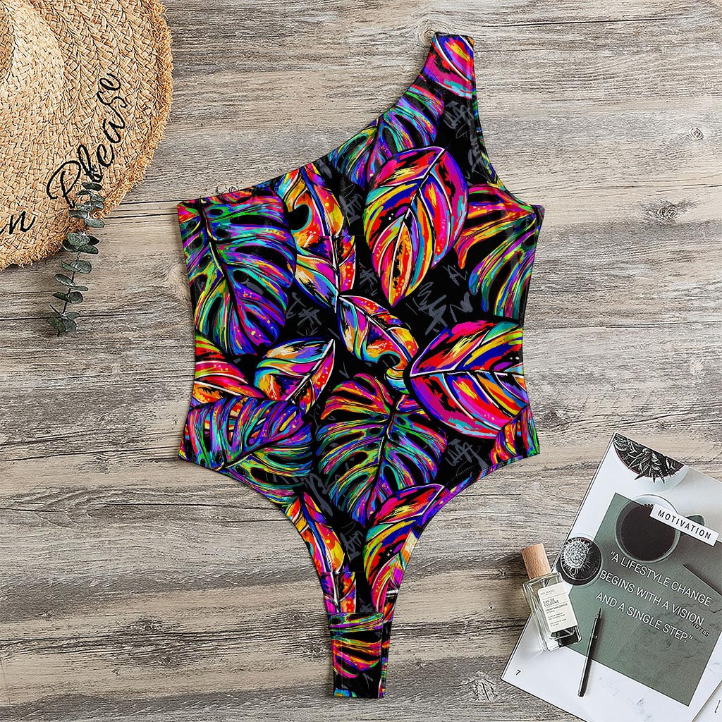 Colorful Leaf Tropical Pattern Print One Shoulder Bodysuit