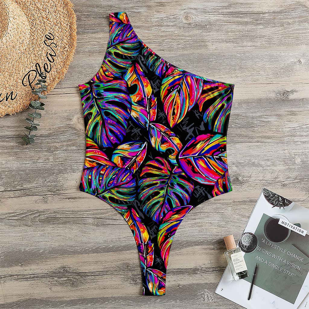 Colorful Leaf Tropical Pattern Print One Shoulder Bodysuit