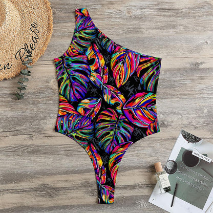 Colorful Leaf Tropical Pattern Print One Shoulder Bodysuit
