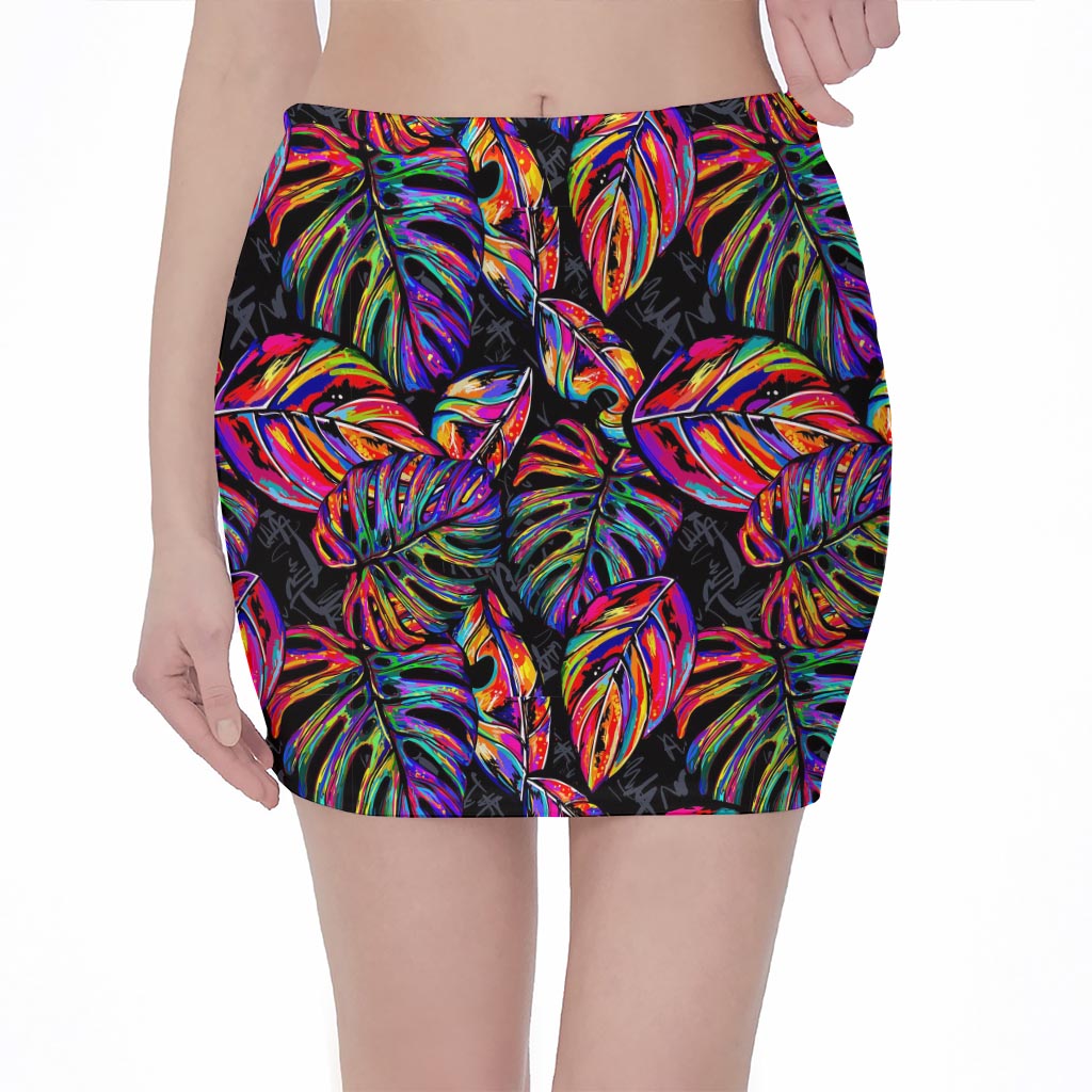 Colorful Leaf Tropical Pattern Print Pencil Mini Skirt
