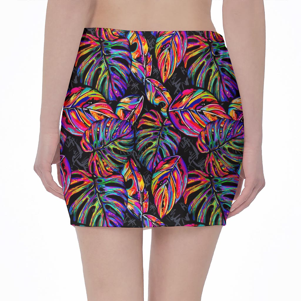 Colorful Leaf Tropical Pattern Print Pencil Mini Skirt
