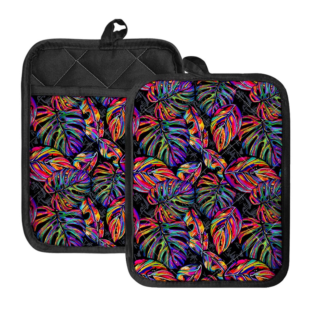 Colorful Leaf Tropical Pattern Print Pot Holders With Pocket