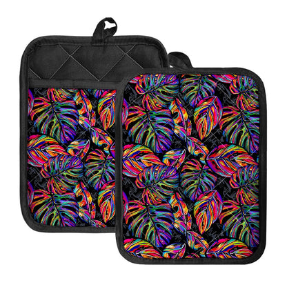Colorful Leaf Tropical Pattern Print Pot Holders With Pocket