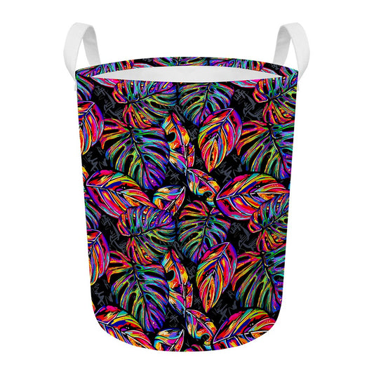 Colorful Leaf Tropical Pattern Print Round Laundry Basket