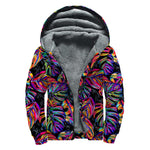 Colorful Leaf Tropical Pattern Print Sherpa Lined Zip Up Hoodie