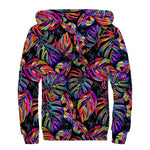 Colorful Leaf Tropical Pattern Print Sherpa Lined Zip Up Hoodie