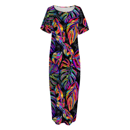 Colorful Leaf Tropical Pattern Print Short Sleeve Long Nightdress