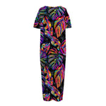 Colorful Leaf Tropical Pattern Print Short Sleeve Long Nightdress