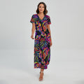 Colorful Leaf Tropical Pattern Print Short Sleeve Maxi Dress