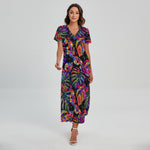 Colorful Leaf Tropical Pattern Print Short Sleeve Maxi Dress