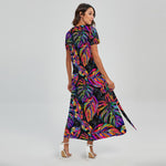 Colorful Leaf Tropical Pattern Print Short Sleeve Maxi Dress