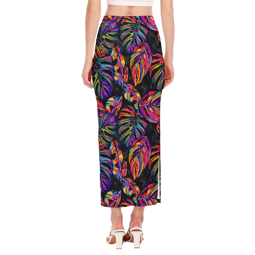 Colorful Leaf Tropical Pattern Print Side Slit Maxi Skirt