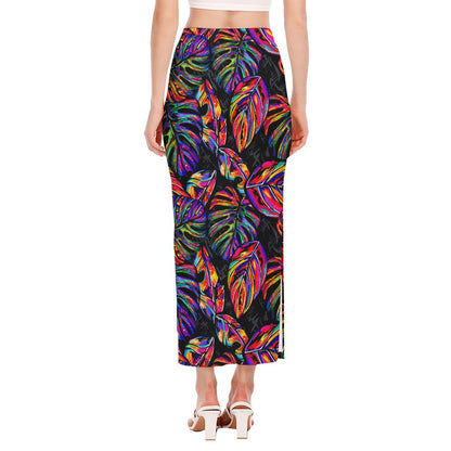 Colorful Leaf Tropical Pattern Print Side Slit Maxi Skirt