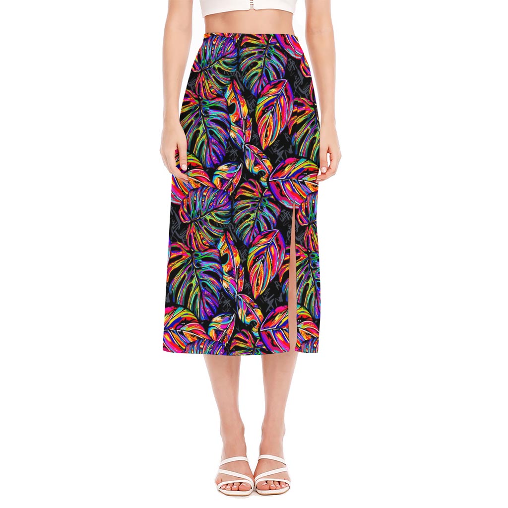 Colorful Leaf Tropical Pattern Print Side Slit Midi Skirt