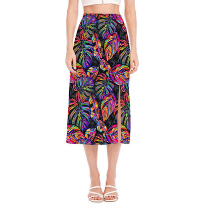 Colorful Leaf Tropical Pattern Print Side Slit Midi Skirt