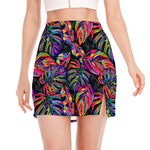 Colorful Leaf Tropical Pattern Print Side Slit Mini Skirt