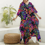 Colorful Leaf Tropical Pattern Print Silk V-Neck Kaftan Dress