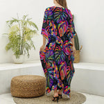 Colorful Leaf Tropical Pattern Print Silk V-Neck Kaftan Dress