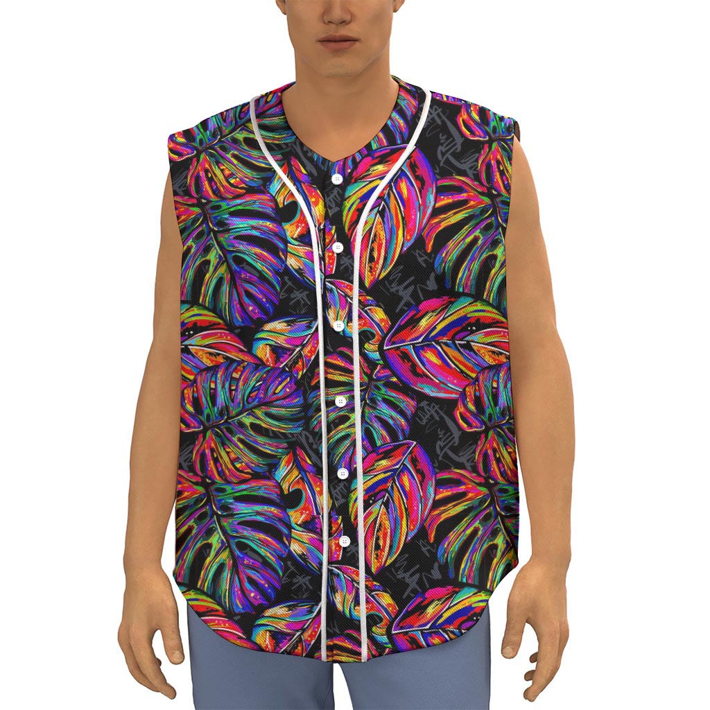 Colorful Leaf Tropical Pattern Print Sleeveless Baseball Jersey