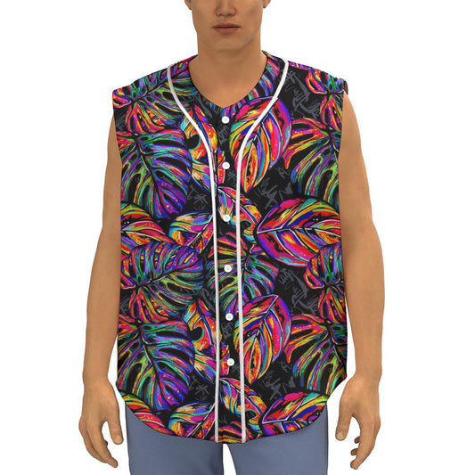 Colorful Leaf Tropical Pattern Print Sleeveless Baseball Jersey