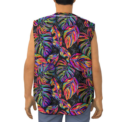 Colorful Leaf Tropical Pattern Print Sleeveless Baseball Jersey
